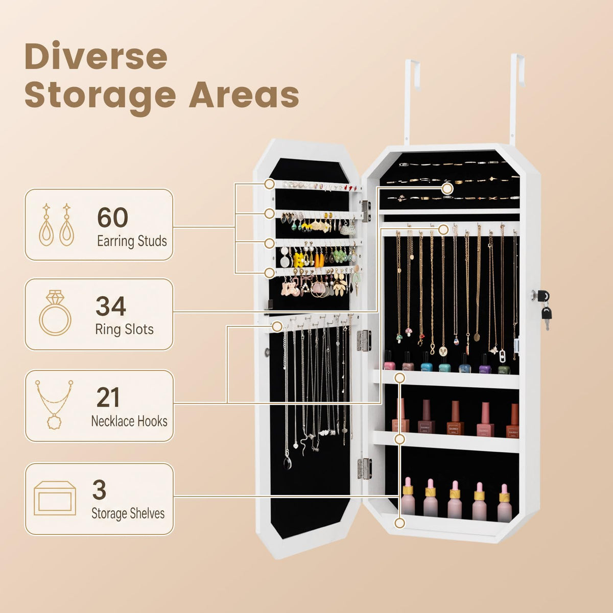 Lockable Full-Length Mirror Jewelry Cabinet