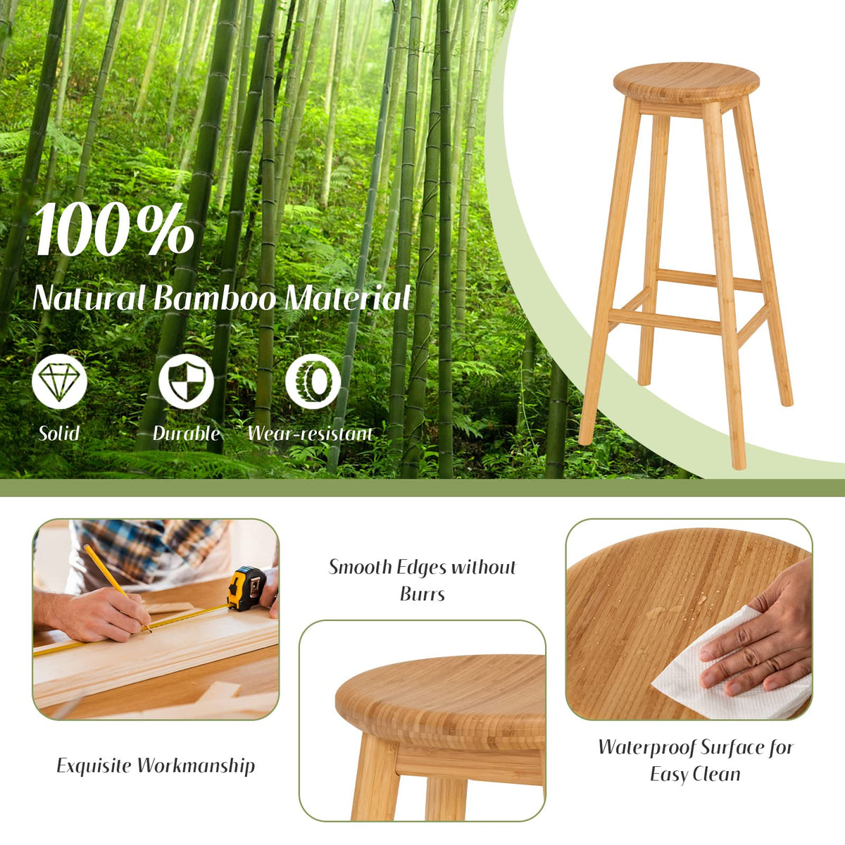 Giantex Bamboo Bar Stools Set of 2, Round Seat Breakfast Dining Chairs w/Footrest, Natural