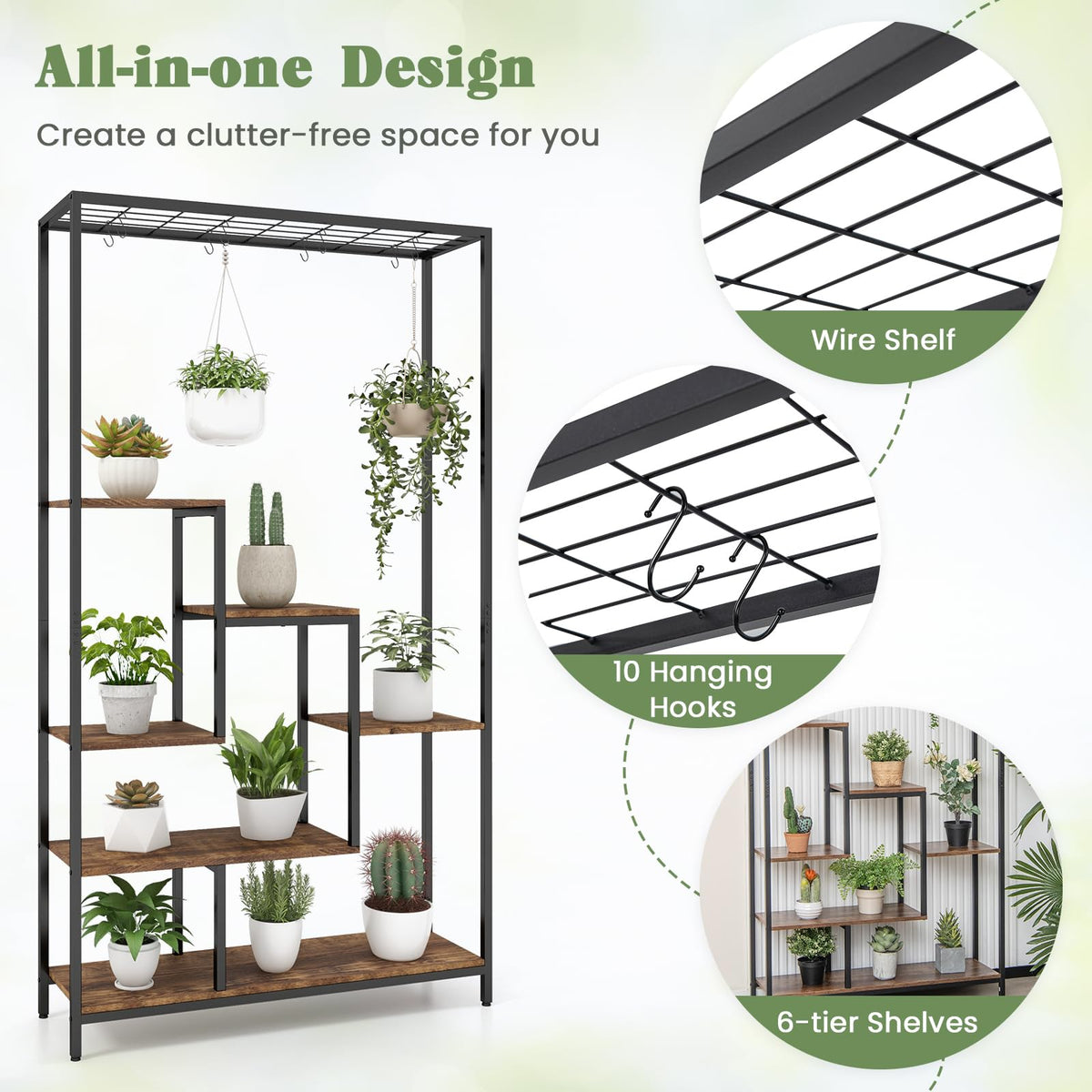 6-tier Tall Plant Stand, 180 CM Metal Indoor Plant Shelf w/ 10 Hanging Hooks & Wire Shelf for Multiple Plants