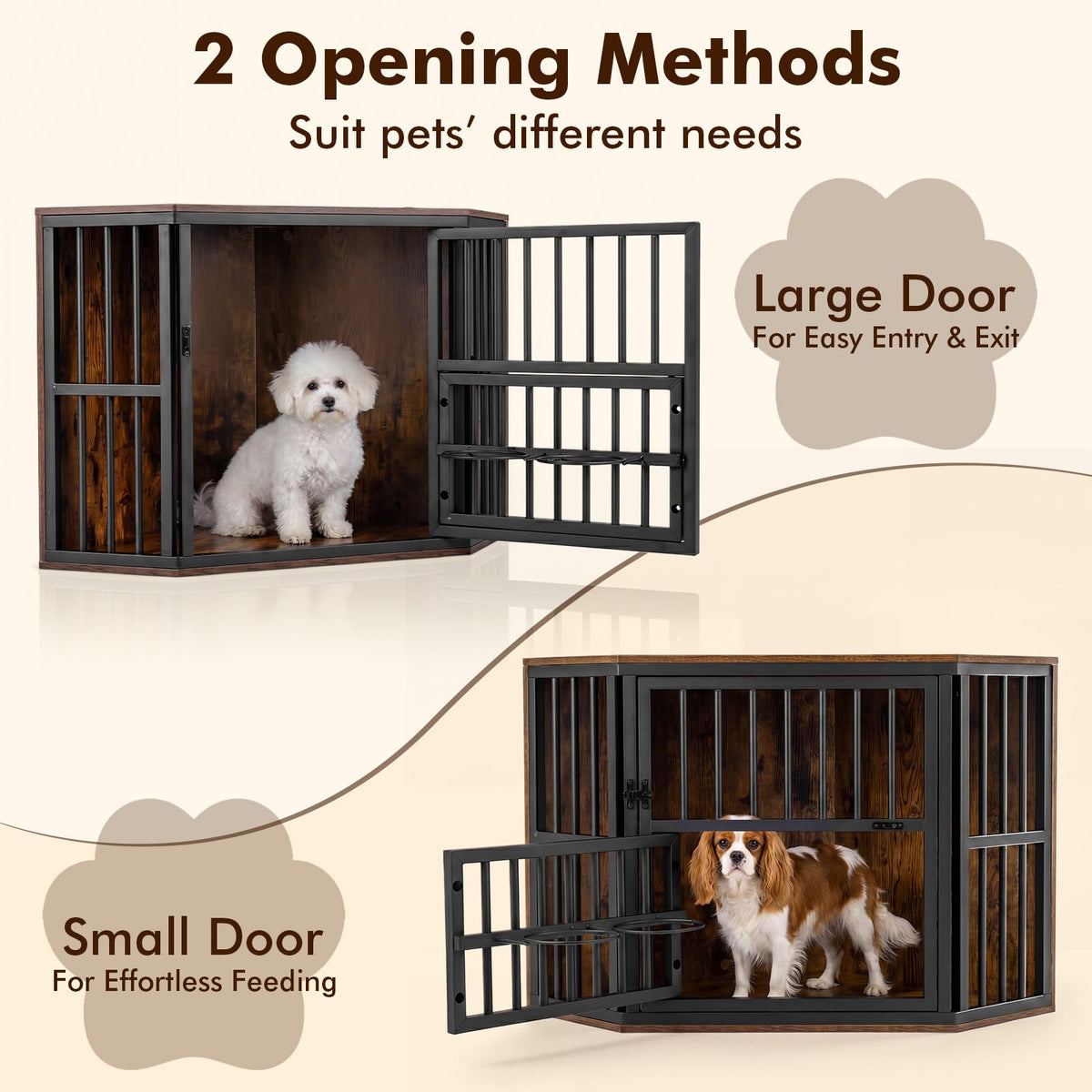 Corner Dog Crate 2-in-1 Kennel and TV Stand with Adjustable Dog Bowl Rack