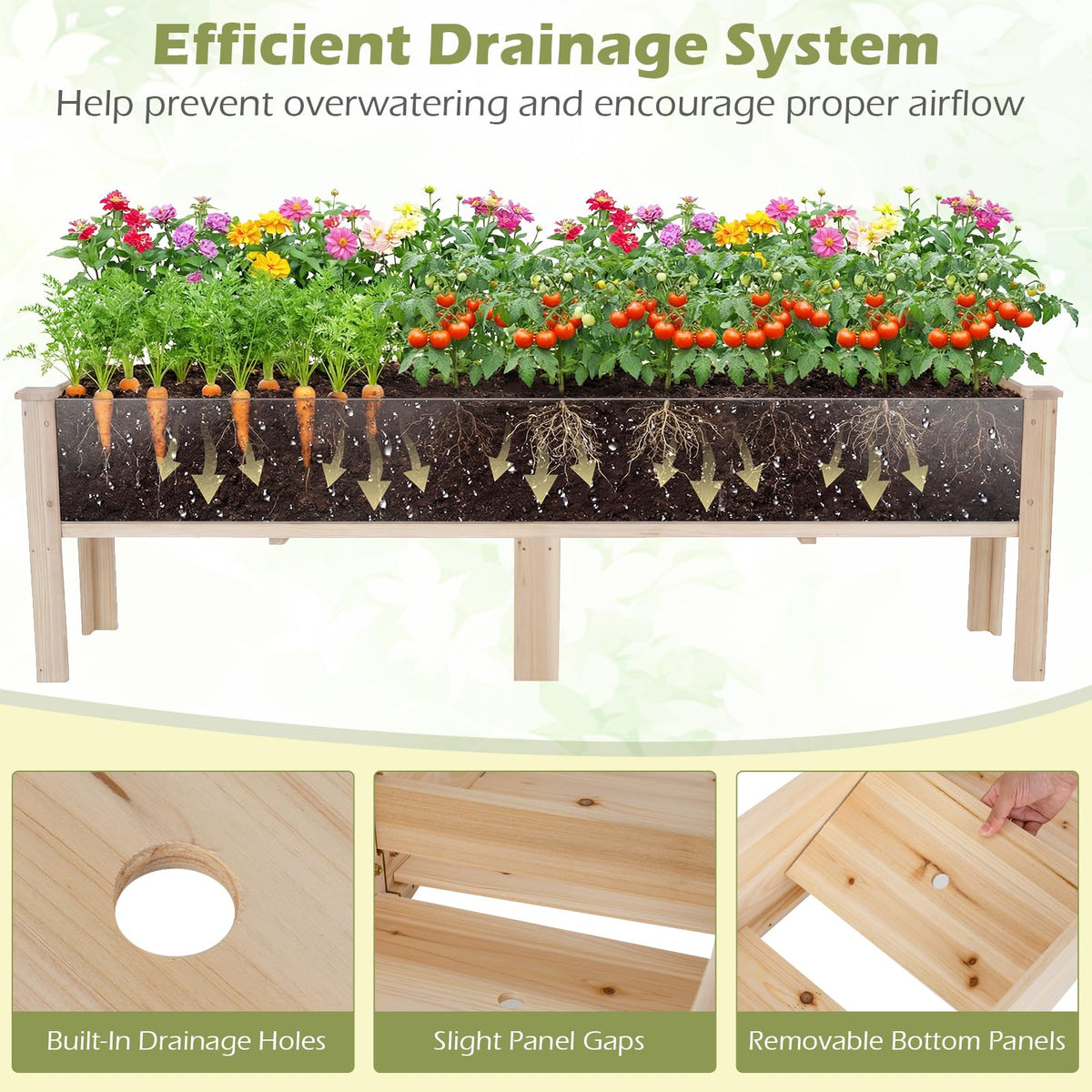 240 x 44 CM Fir Wood Raised Garden Bed with Legs, Drainage Holes for Vegetables Flowers Herbs