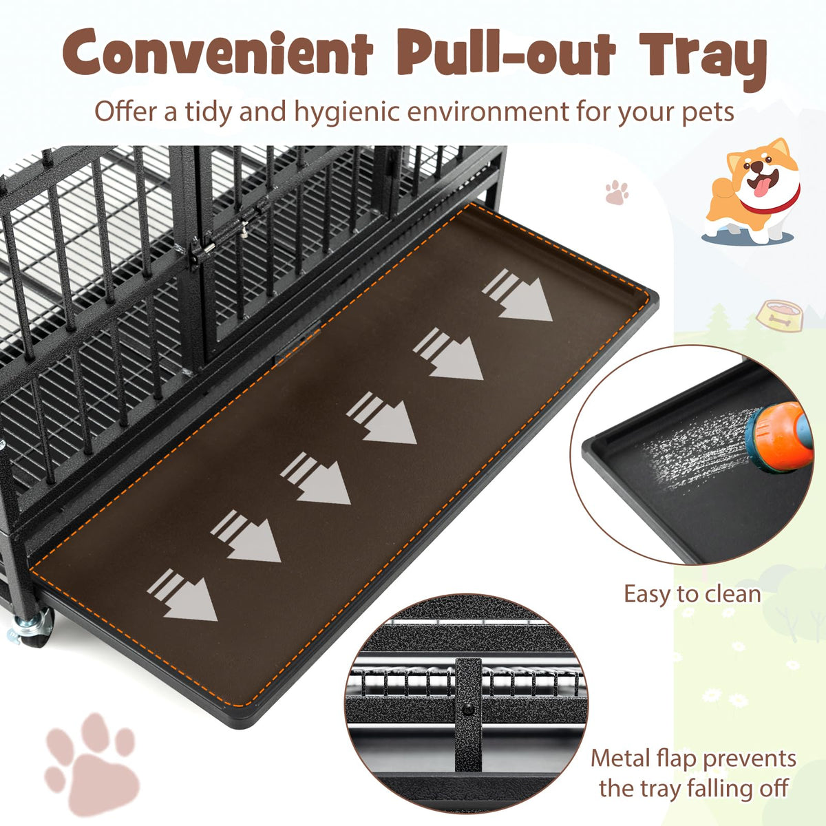 96CM/120CM Foldable Heavy-Duty Metal Dog Cage W/Lockable Rolling Casters, Removable Tray, 2 Lockable Doors