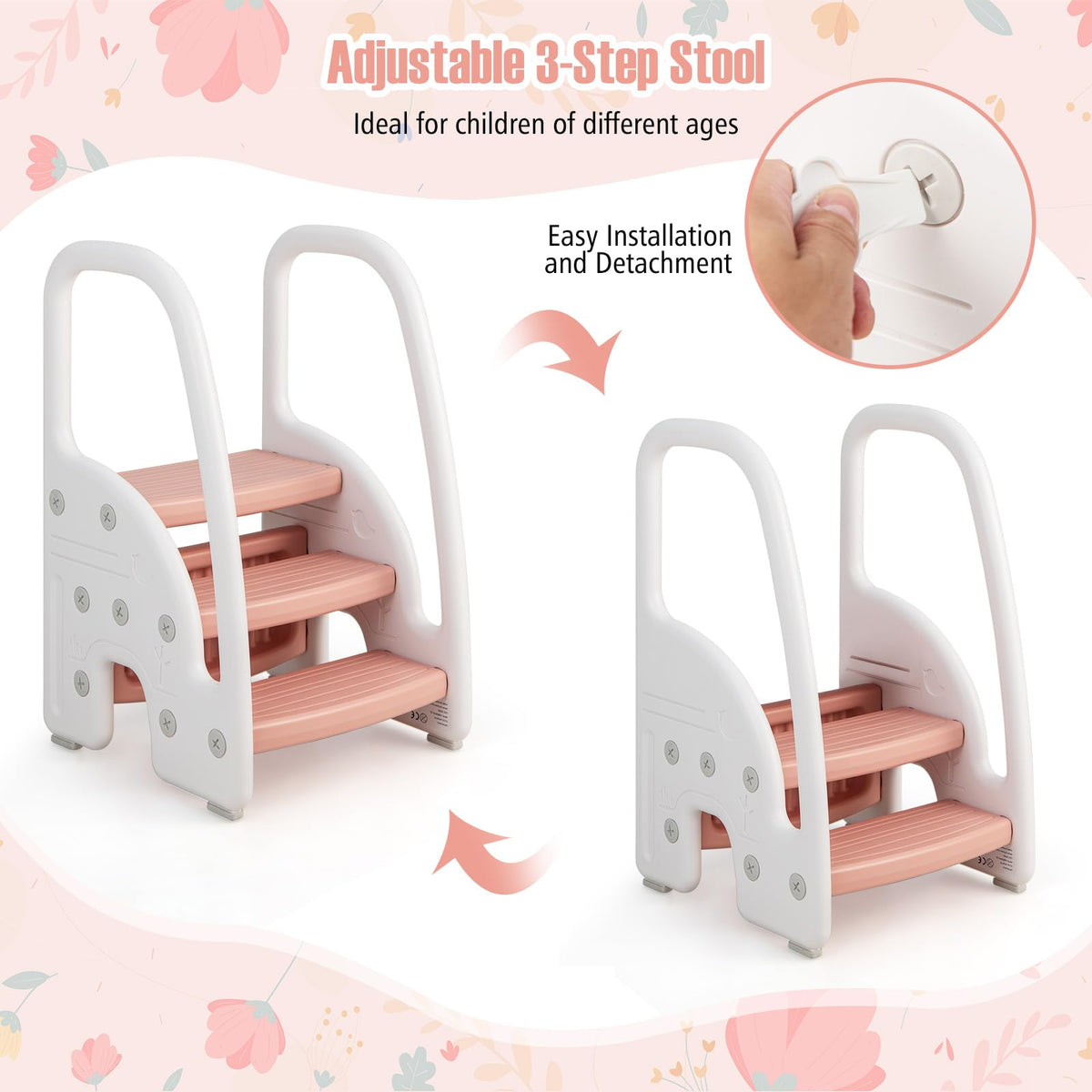 Three-Step Stool with Safety Handles and Non-slip Pedals for Toddlers