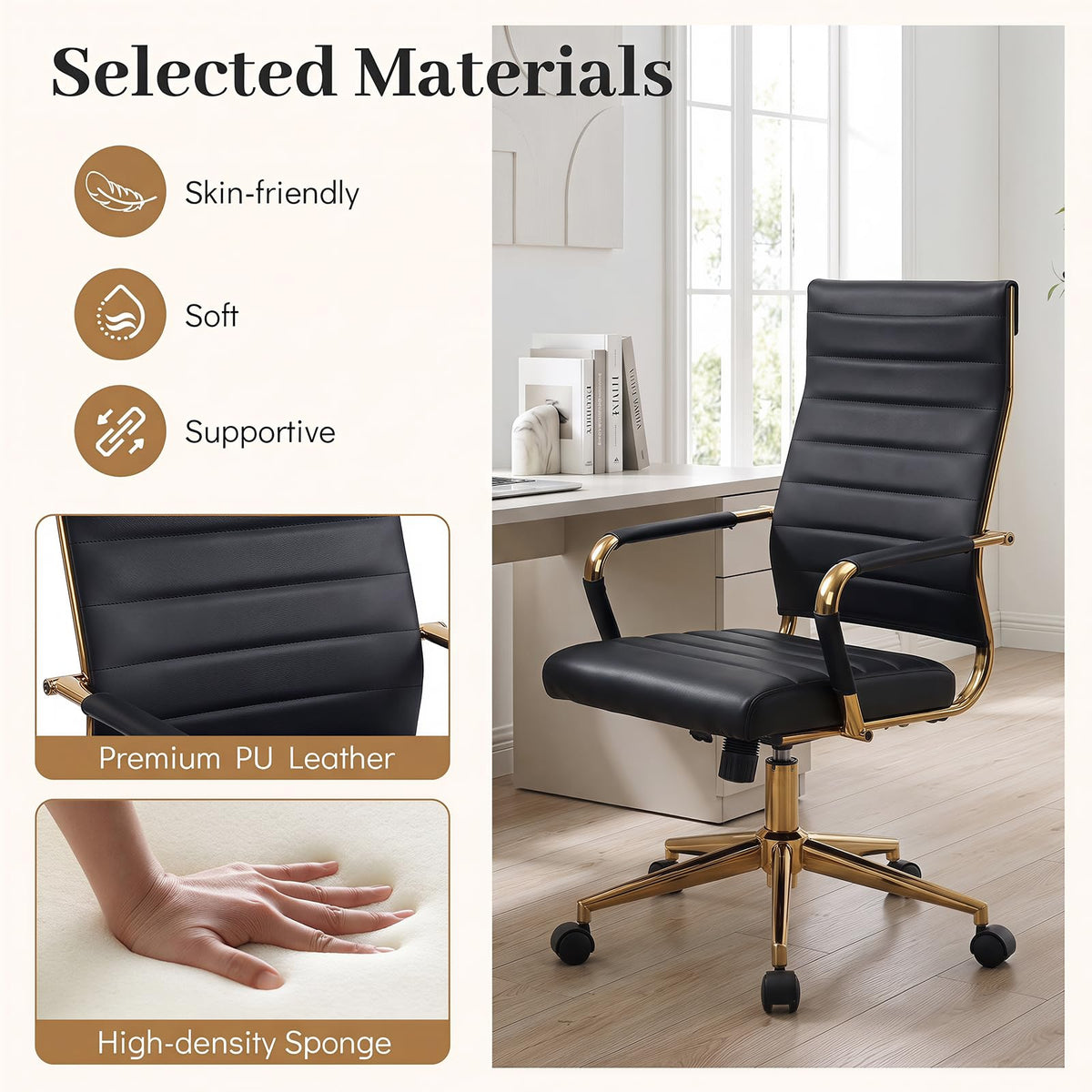 Ribbed PU Leather Office Chair with Armrests and Reclining Backrest