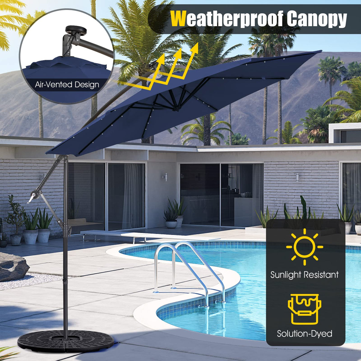 3M Cantilever Umbrella, w/ 32 Solar-Powered LED Lights