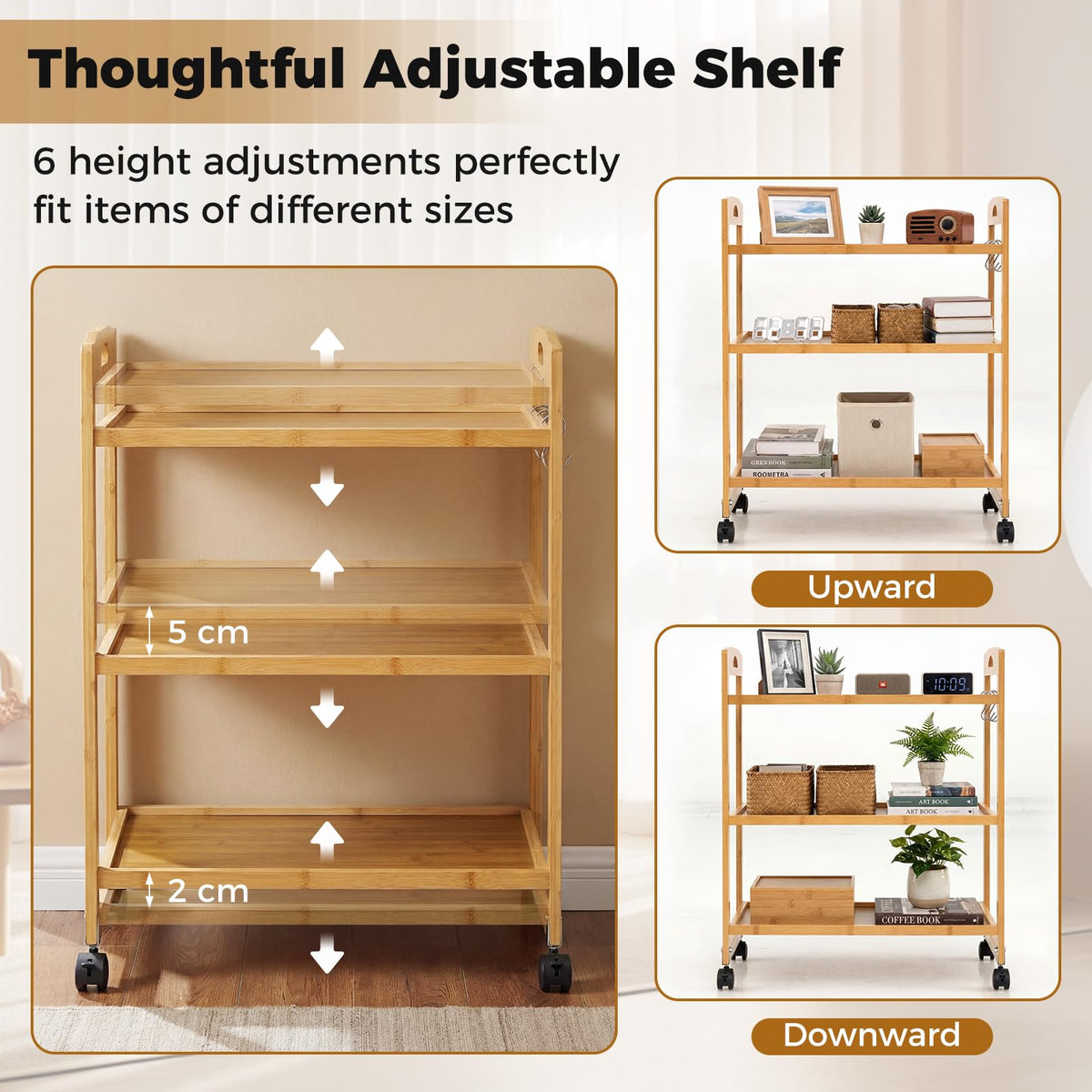 Giantex 3-Tier Storage Rolling Cart, Bamboo Utility Cart