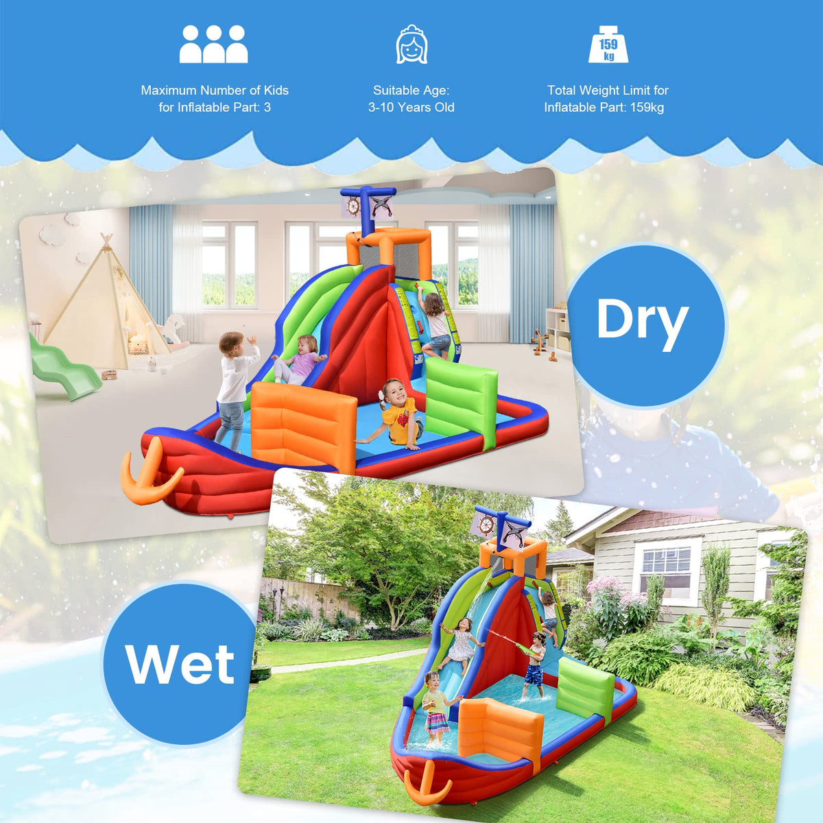 6-in-1 Pirate Ship Bounce House w/Long Slide, Climbing Wall, Splash Pool, Dart Game, Ring-toss & Water Guns, Kids Bouncer Castle w/Carrying Bag (without Blower)