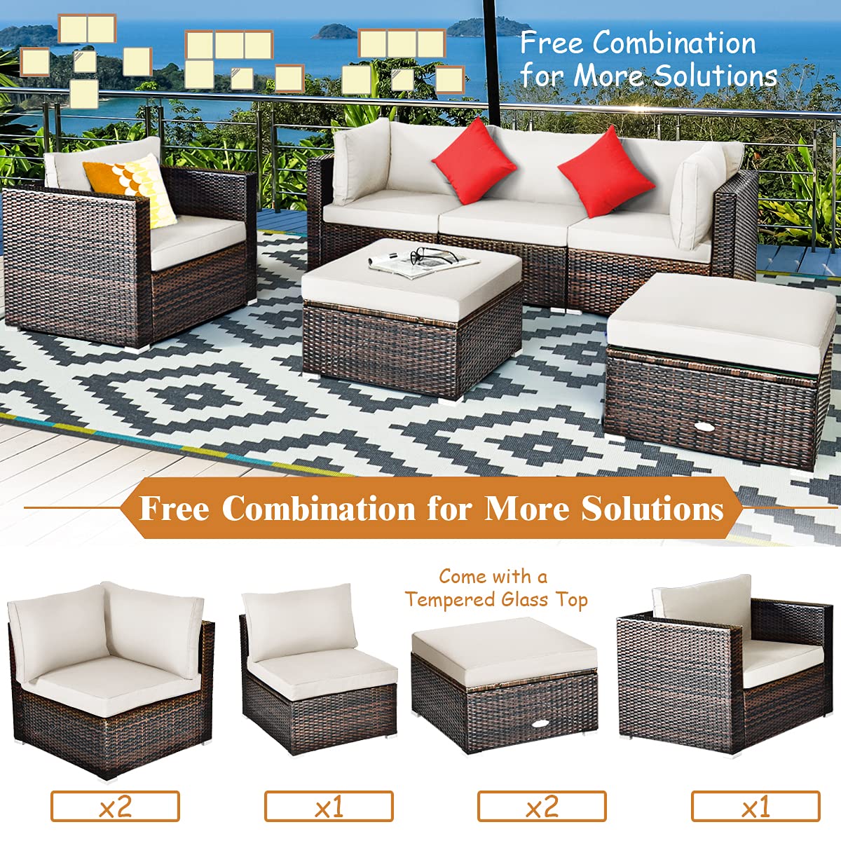 6 Pieces Patio Rattan Sectional Furniture Set, Outdoor Wicker Conversation Set with Glass Coffee Table Sofa Ottoman