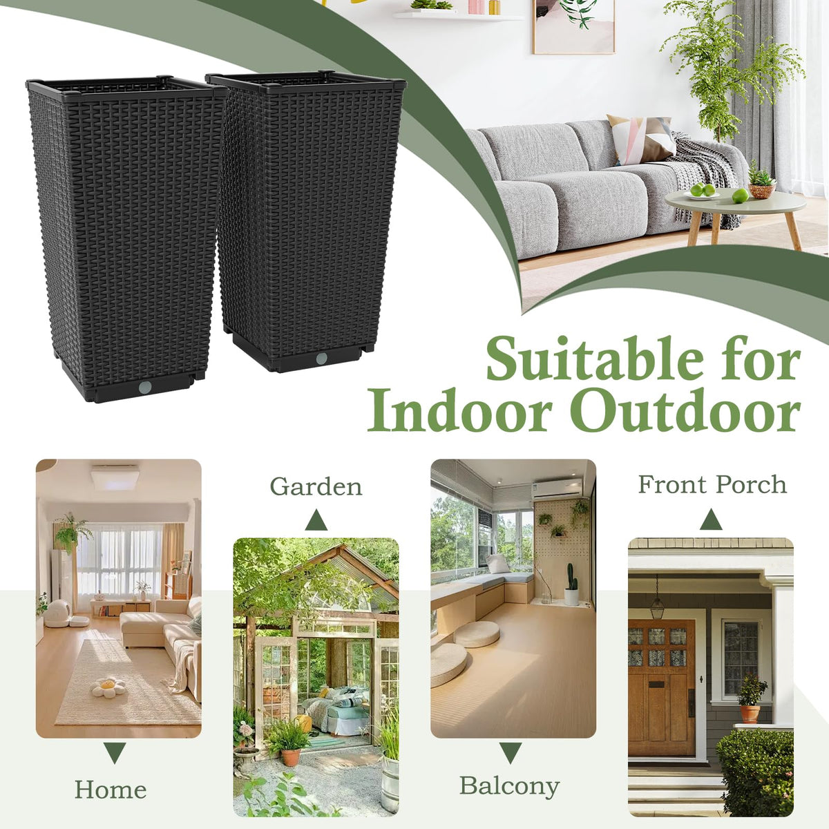 Tall Wicker Planter Box Set of 2 with Water Storage Plate