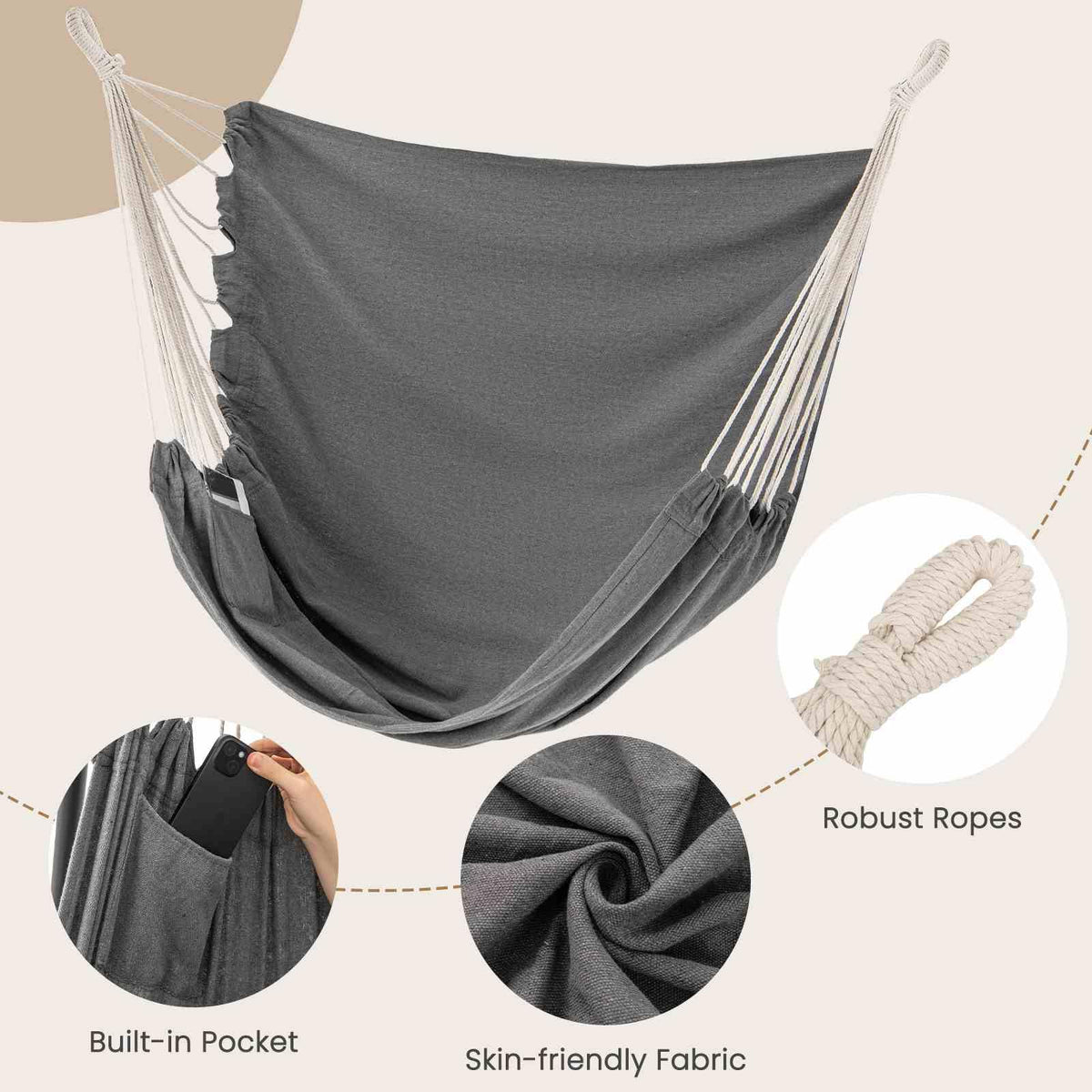 Hammock Chair with Stand and Side Pocket for Living Room