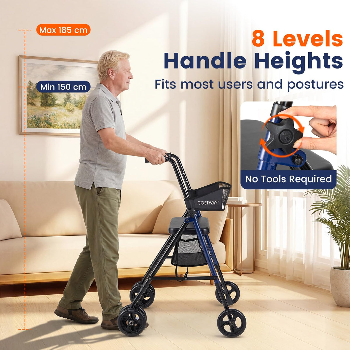 Rollator Walker with Seat, Foldable Mobility Walkers for Seniors w/8-Level Adjustable Handles