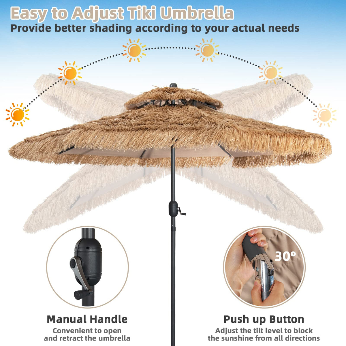 3m Thatched Tiki Umbrella, 2 Tier Hawaiian Style Patio Beach Umbrella W/8 Ribs