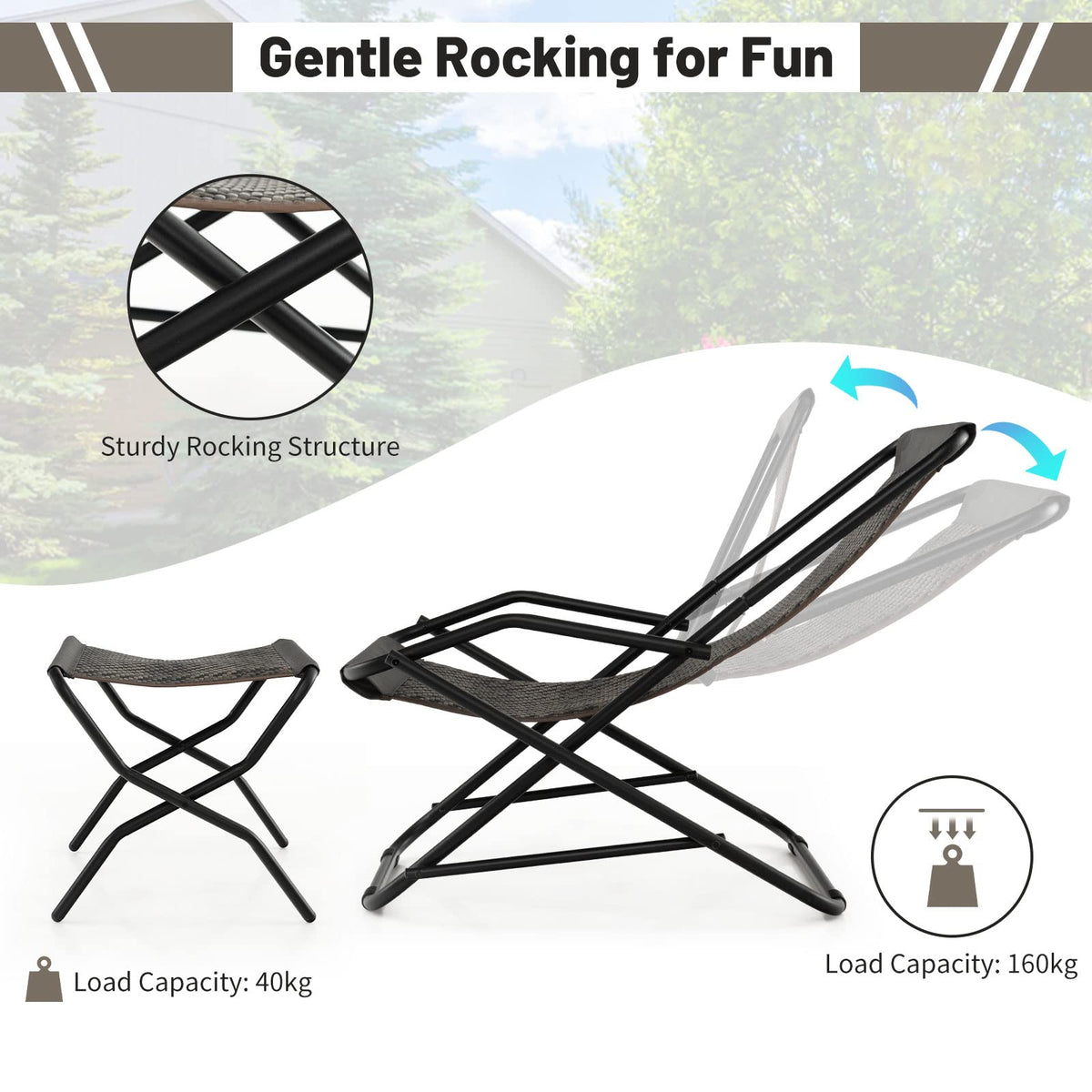 Outdoor PE Wicker Folding Sling Chair with Armrests and Metal Frame