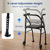 Folding Walker Lightweight Aluminum with 2 Wheels and Padded Seat for Seniors