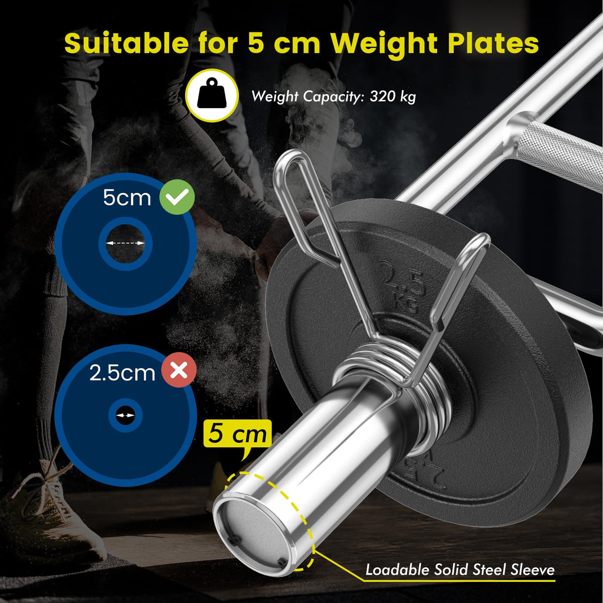 84.5 cm Inch Olympic Triceps Bar, 320 kg Solid Steel Weight Bar