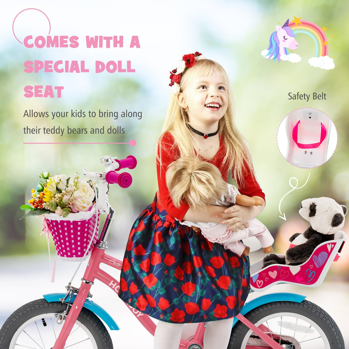 14" Kids Bicycle w/Training Wheels & Front Handbrake, Kids Bike with Doll Seat & Basket