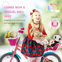 14" Kids Bicycle w/Training Wheels & Front Handbrake, Kids Bike with Doll Seat & Basket