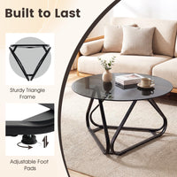 Round Tempered Glass Coffee Table with Triangle Metal Frame for Living Room