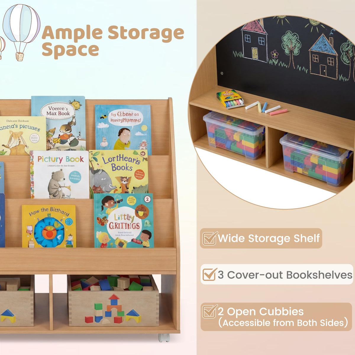 Double-Sided Kids Bookshelf on Wheels with Chalkboard and Open Cubes