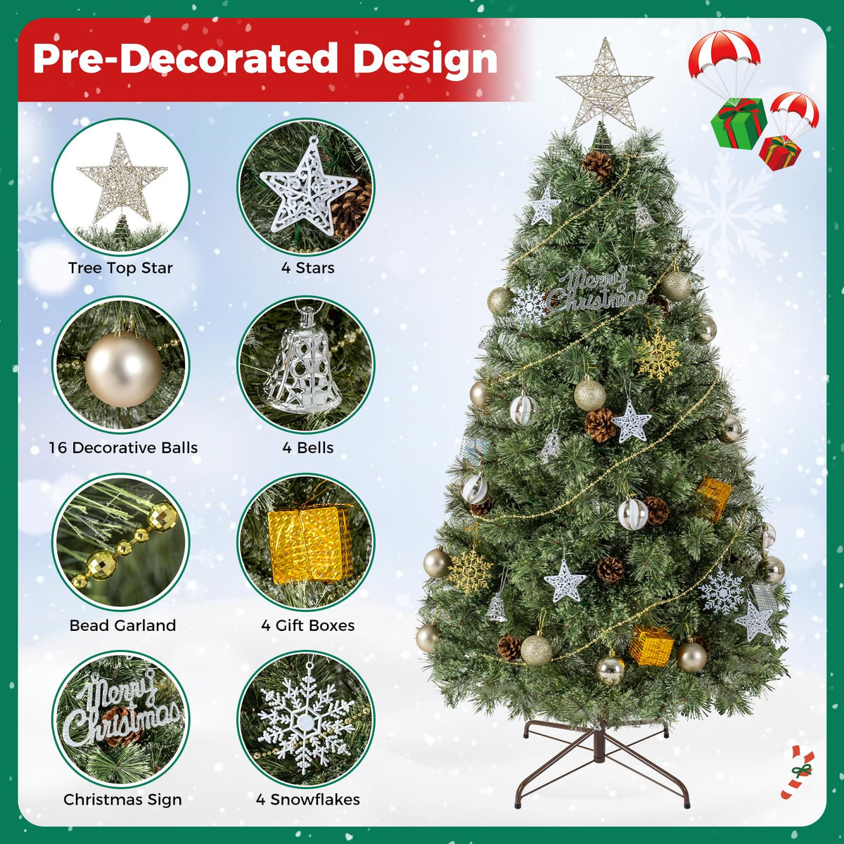 150/180cm Artificial Christmas Tree, Hinged, Pre-Lit
