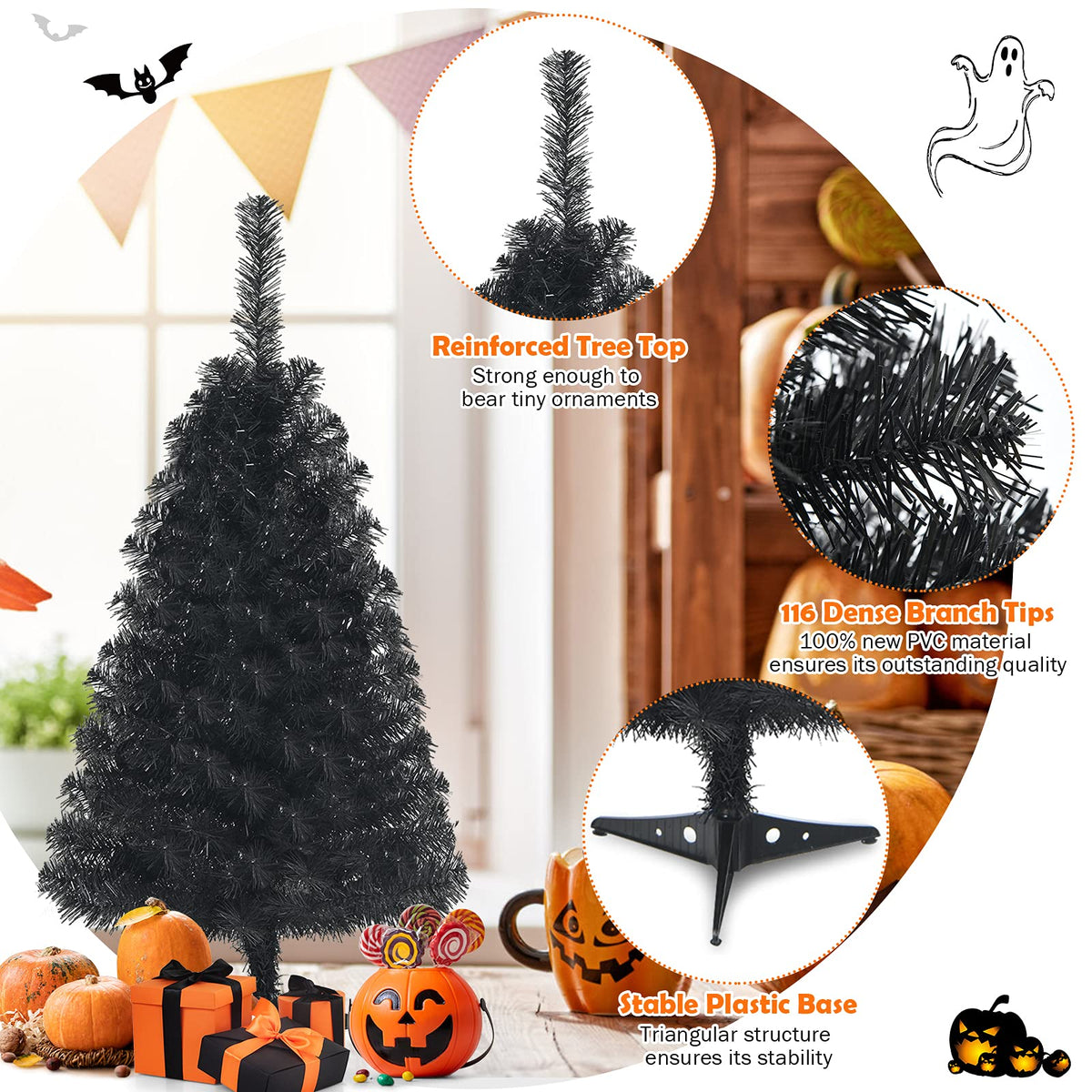 3ft Unlit Black Christmas Tree, Artificial Halloween Tree