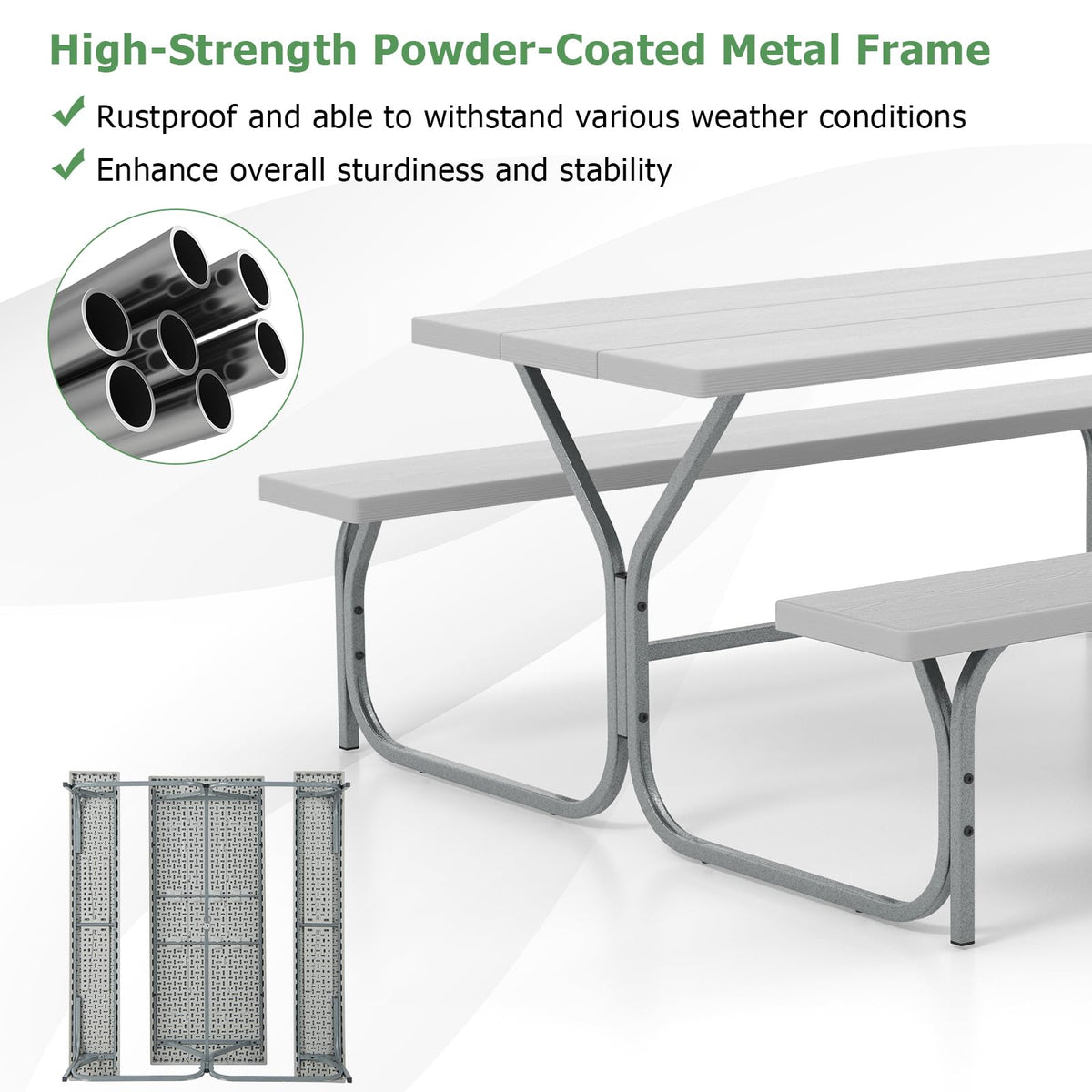 Outdoor Picnic Table Bench Set with HDPE Tabletop and Umbrella Hole