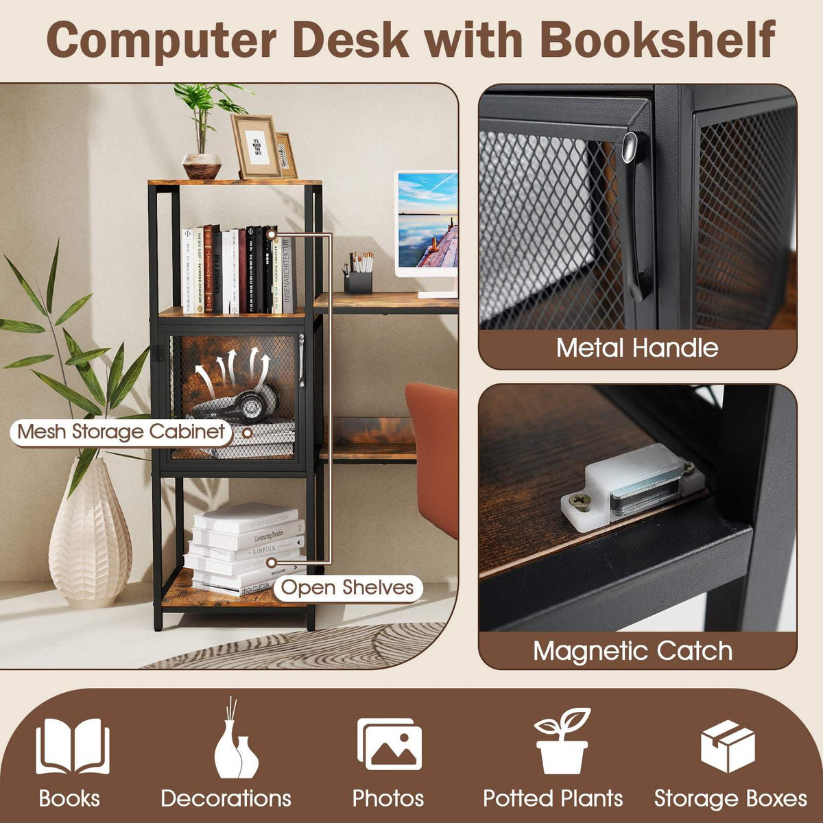 Home Office Desk with Storage Cabinet & Shelves