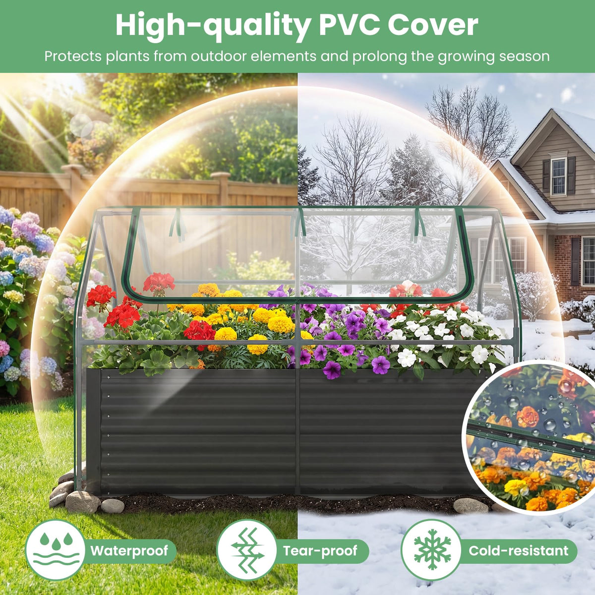 183 x 91 x 122cm 2 Roll-up Windows Metal Raised Garden Bed with Cover and Planter Box for Vegetables