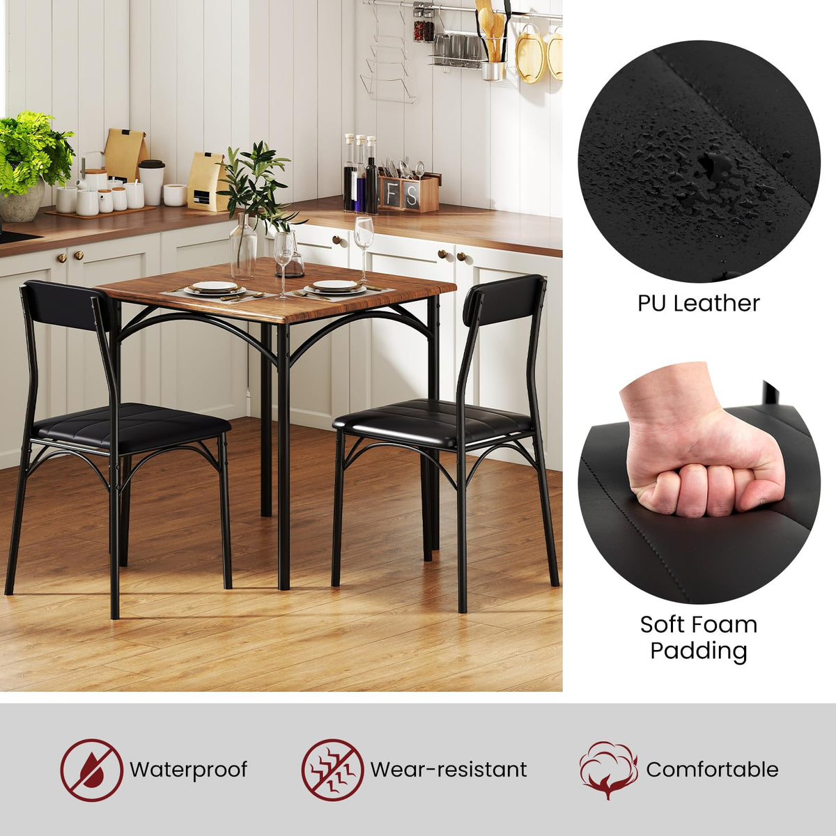 3-Piece Dining Table Set, Square Kitchen Table & 2 Chairs