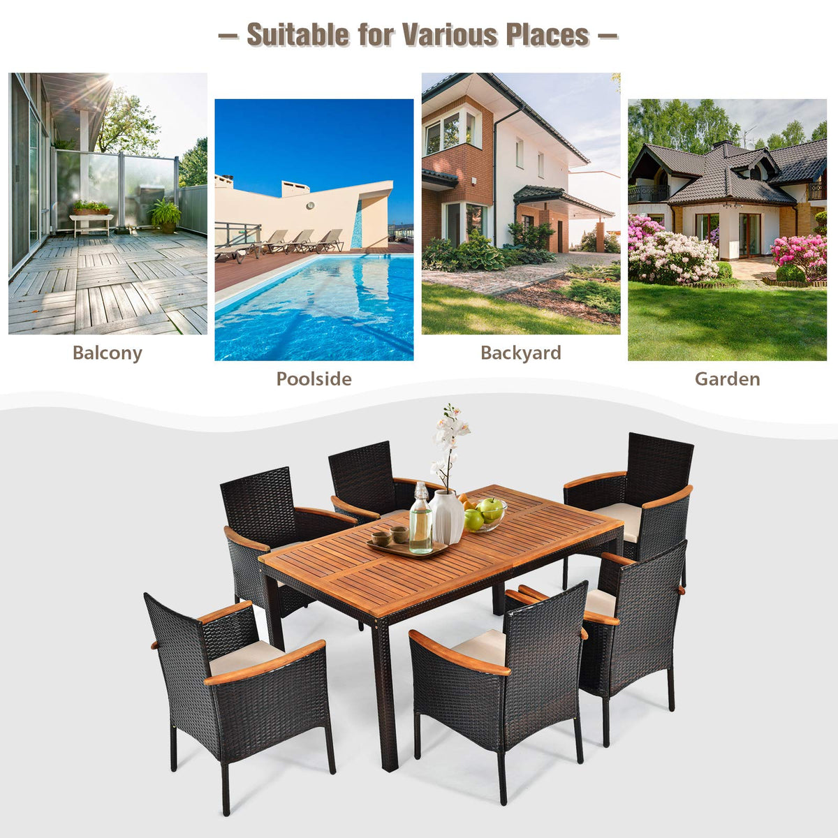 7 Piece Patio Dining Set, Outdoor Rattan Dining Furniture