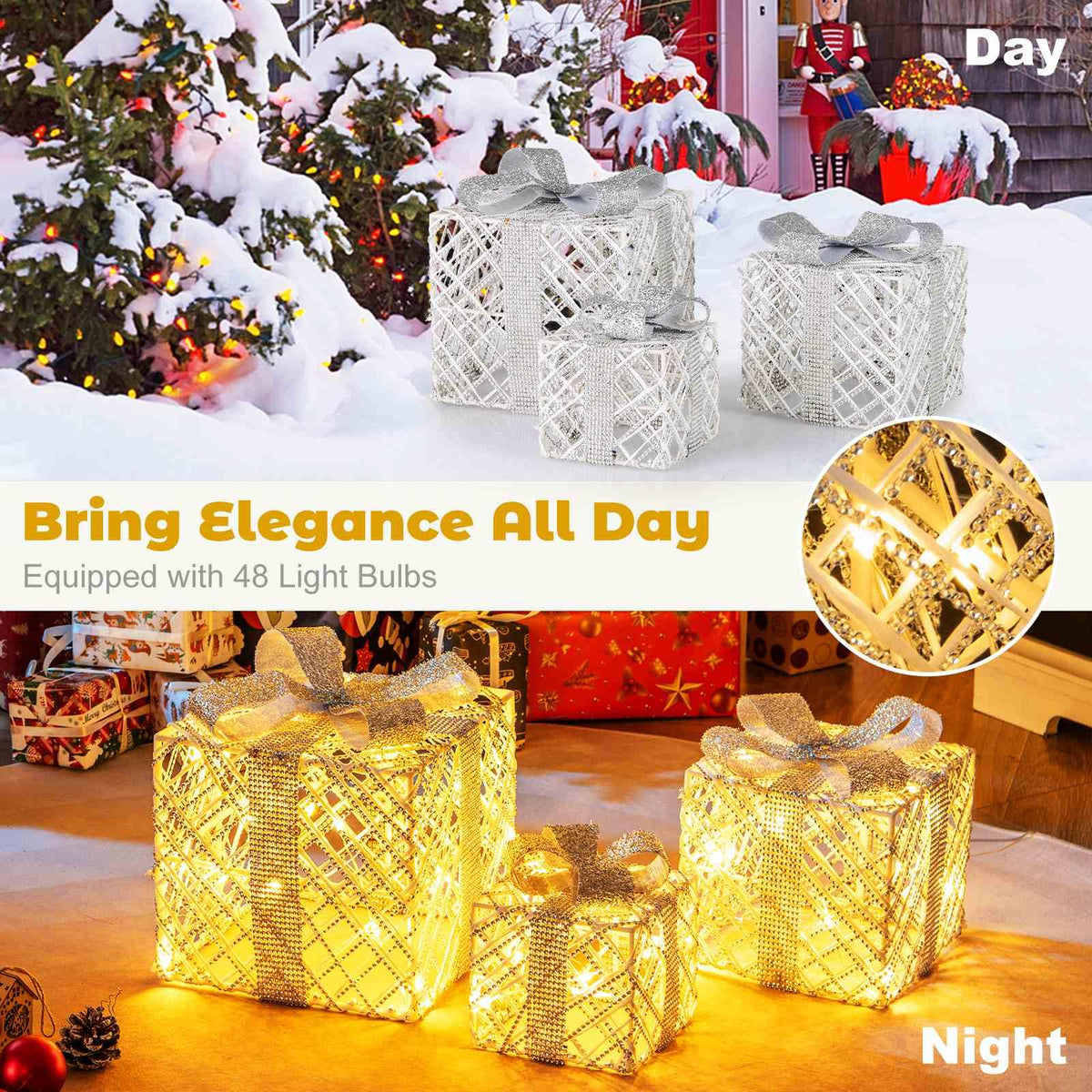 3 Pack Christmas Lighted Gift Box with 50 LED Lights and Bows