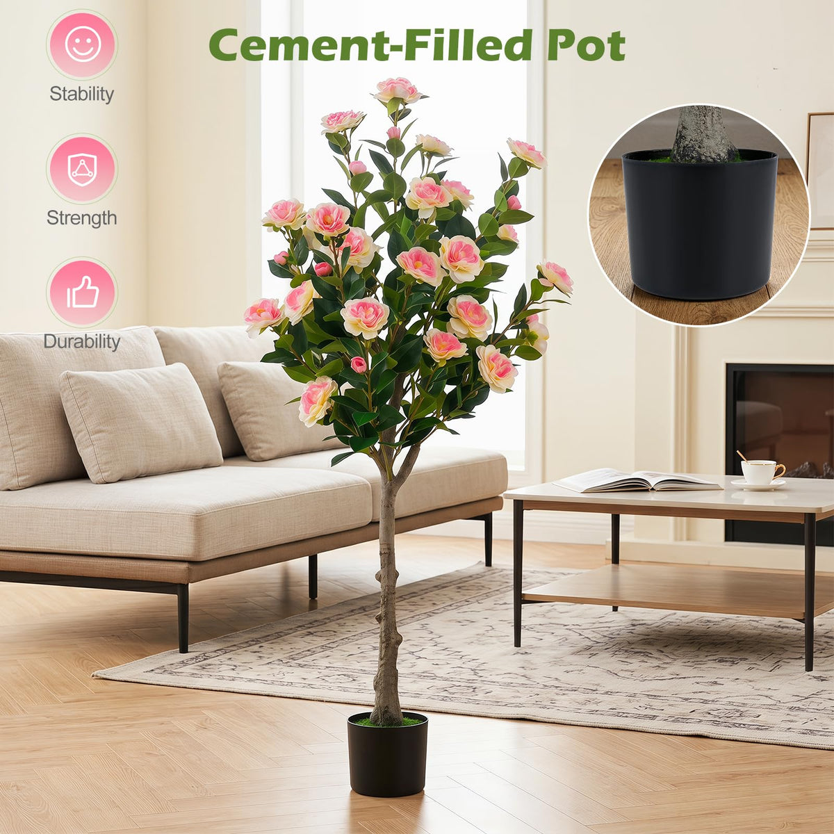 Giantex 128cm Artificial Camellia Tree, Faux Flower Greenery Plant