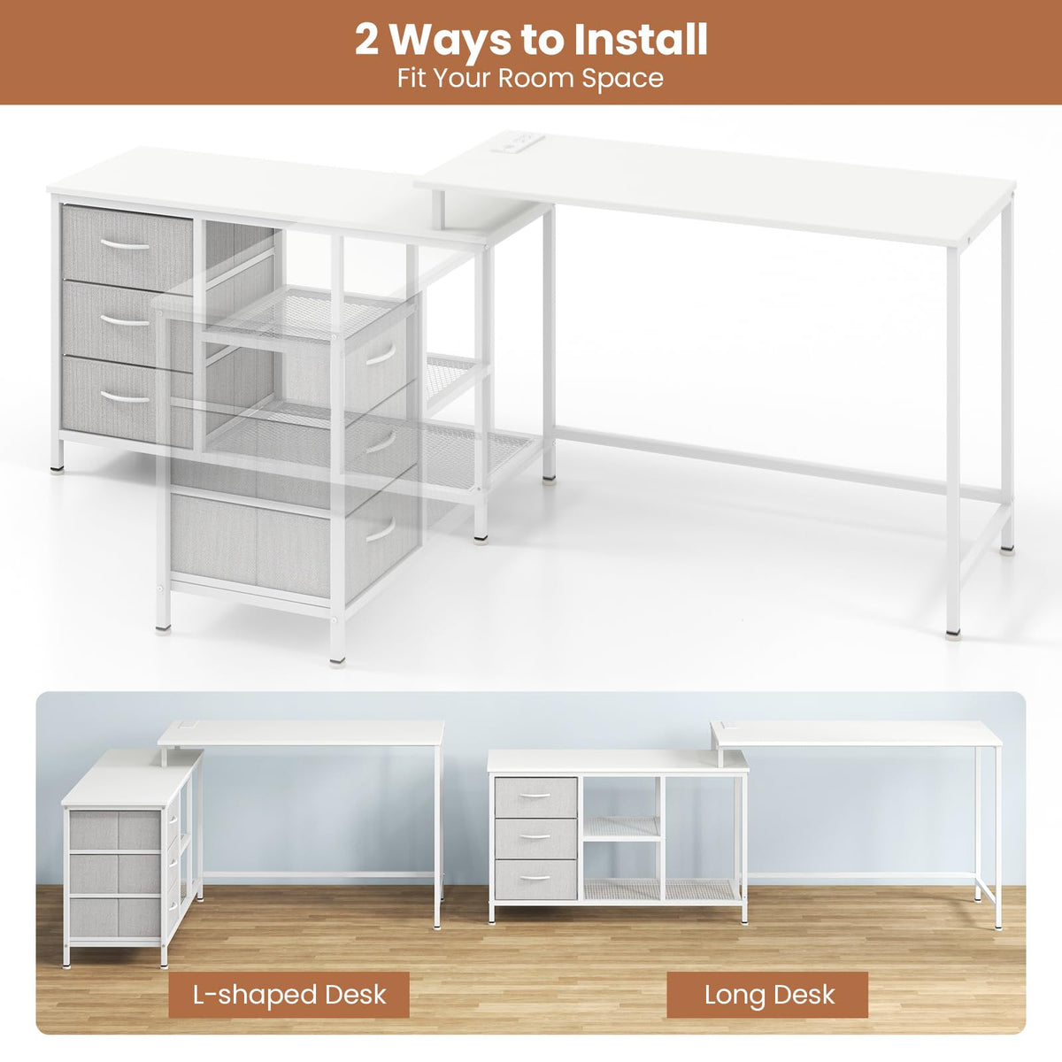 Giantex L-Shaped Computer Desk with Power Outlet, Convertible Corner Desk with 3 Fabric Drawers & Metal Mesh Shelves