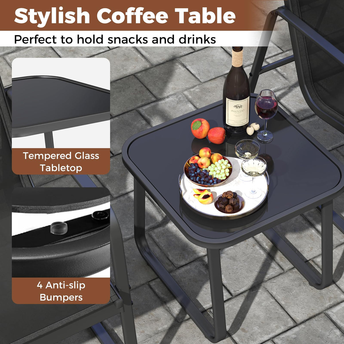 3 Pieces Patio Conversation Set Outdoor Metal Chair and Table Set Breathable Fabric