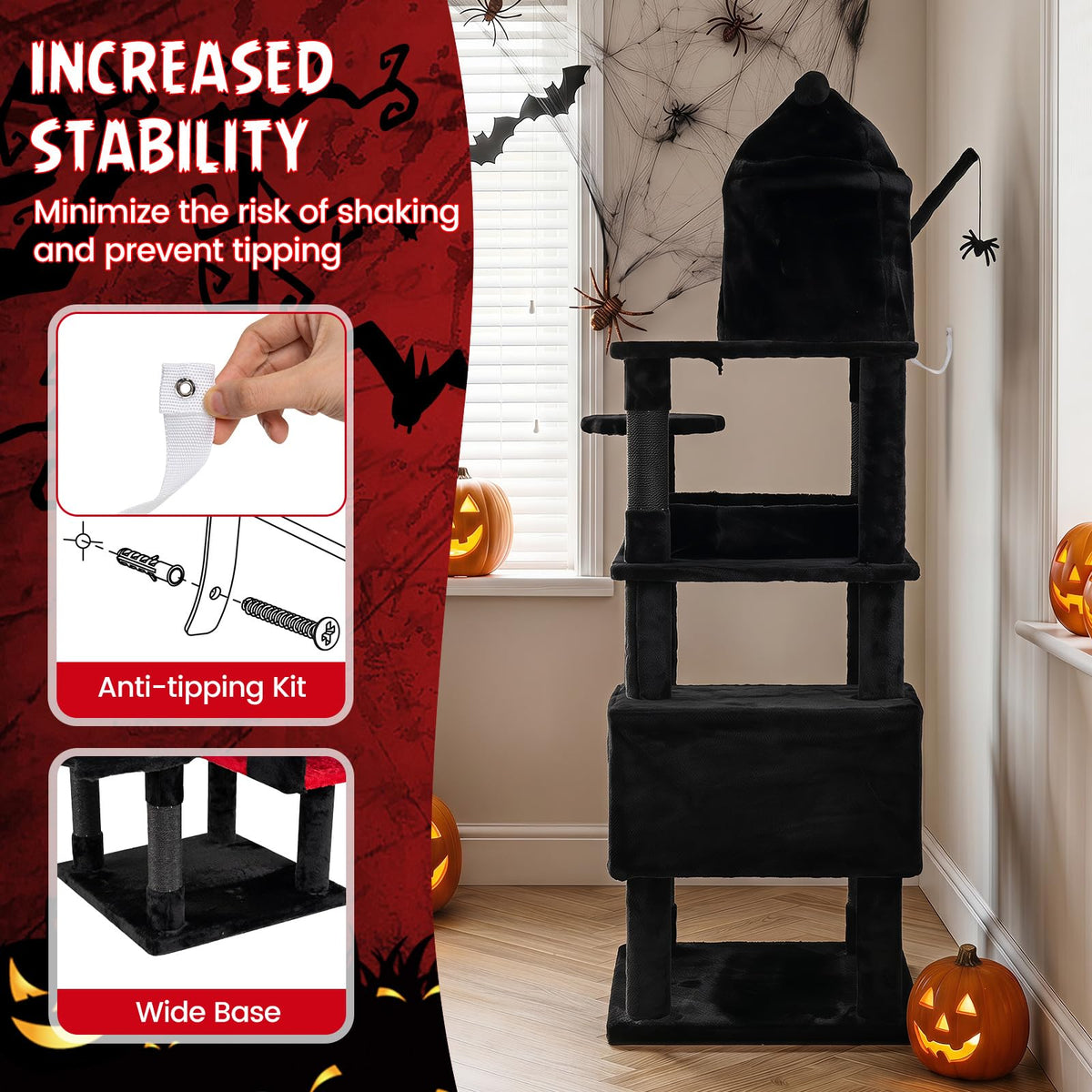 153cm Gothic Cat Tree for Indoor Cats with Castle House and Spider Hanging Balls