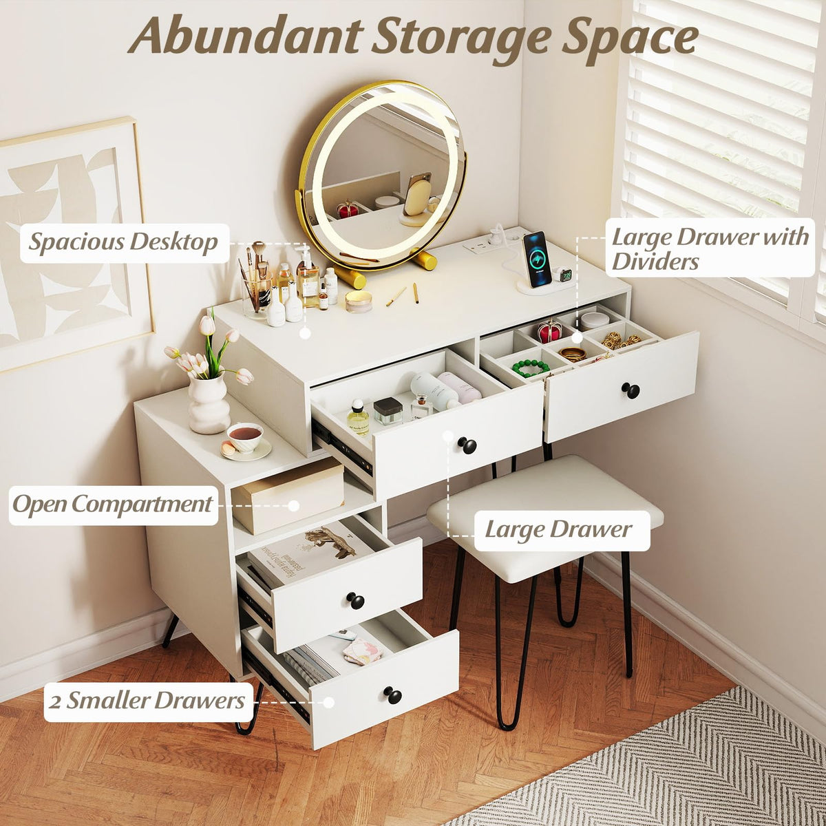 Makeup Vanity Desk with Charging Station and Rotatable Mirror