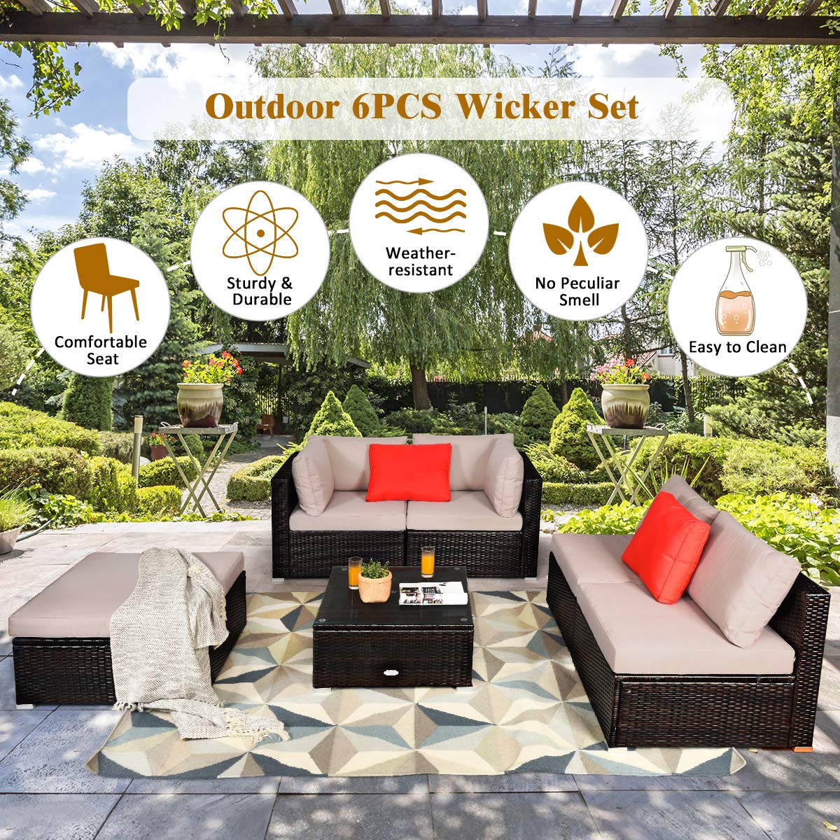 6 PCS Outdoor Rattan Sofa Set, Cushioned Sectional Set with Seat & Back Cushions