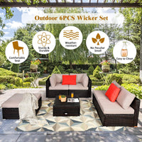 6 PCS Outdoor Rattan Sofa Set, Cushioned Sectional Set with Seat & Back Cushions