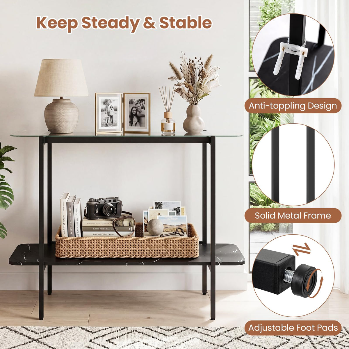 100cm Console Table with Storage Shelf and Tempered Glass Top for Hallway