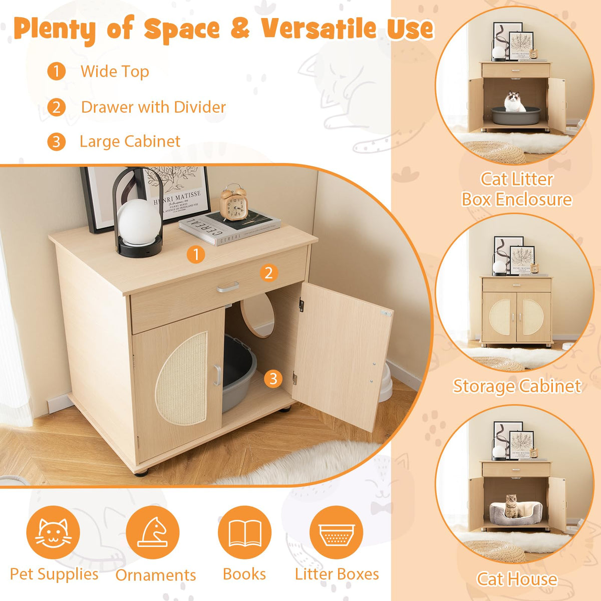 Cat Litter Box Enclosure, Hidden Cat Washroom Furniture w/Drawer