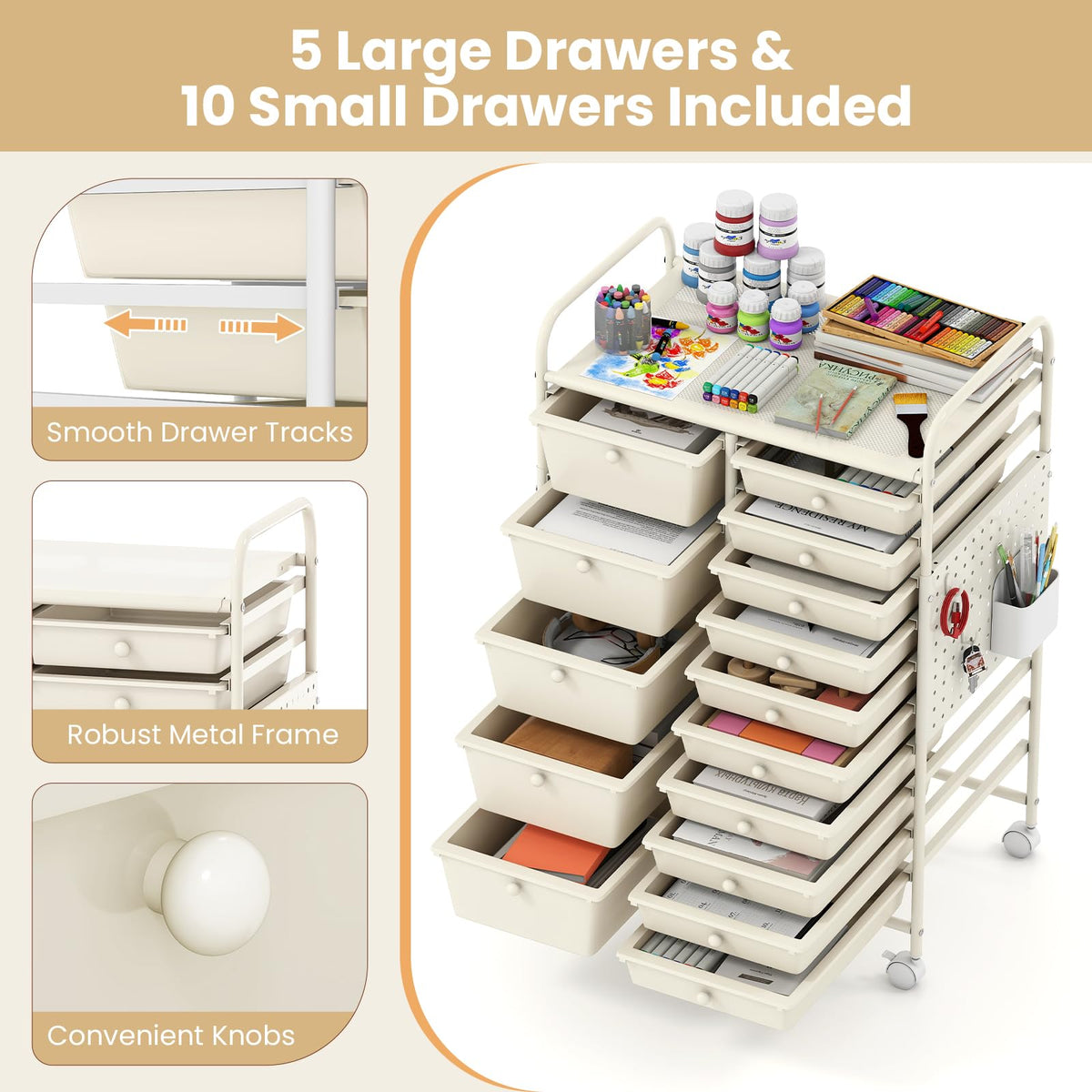 Giantex 15-Drawer Rolling Cart with Pegboard & Metal Frame