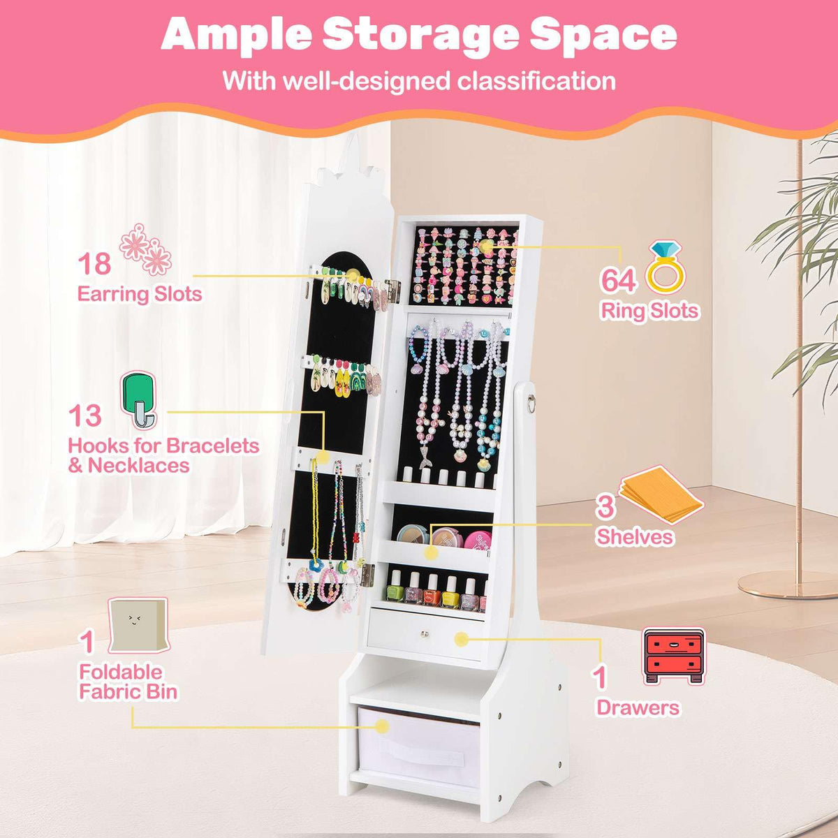 Kids Jewelry Cabinet with Full-Length Mirror and Foldable Drawer