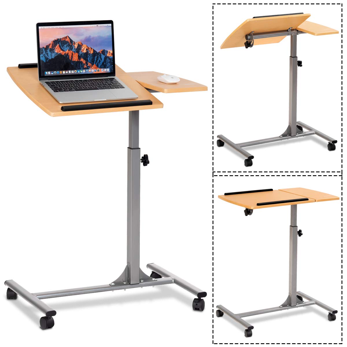 Mobile Laptop Desk, Angle & Height Adjustable Wooden Over Bed Table, Rolling Mobile Stand Desk w/ Lockable Casters