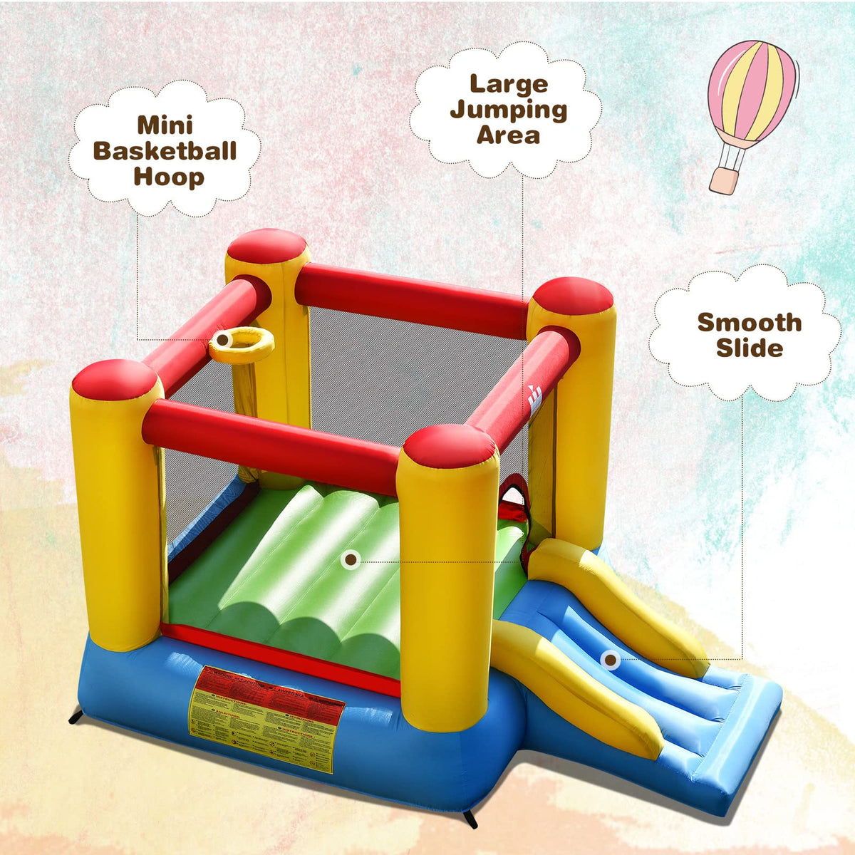 Kids Inflatable Bounce House, Jumping Castle w/Spacious Bouncing Area & Slide, Inflatable Bouncer w/Carry Bag, Stakes (Without Blower)