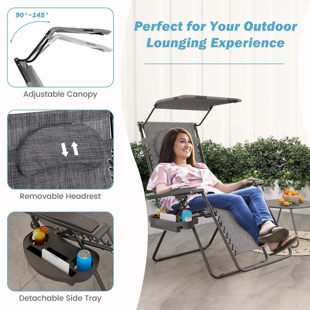 Large Folding Recliner with Awning and Headrest