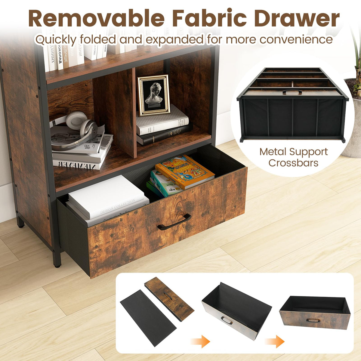 Industrial Freestanding Bookcase with 4 Storage Compartments and Large Fabric Drawer for Study