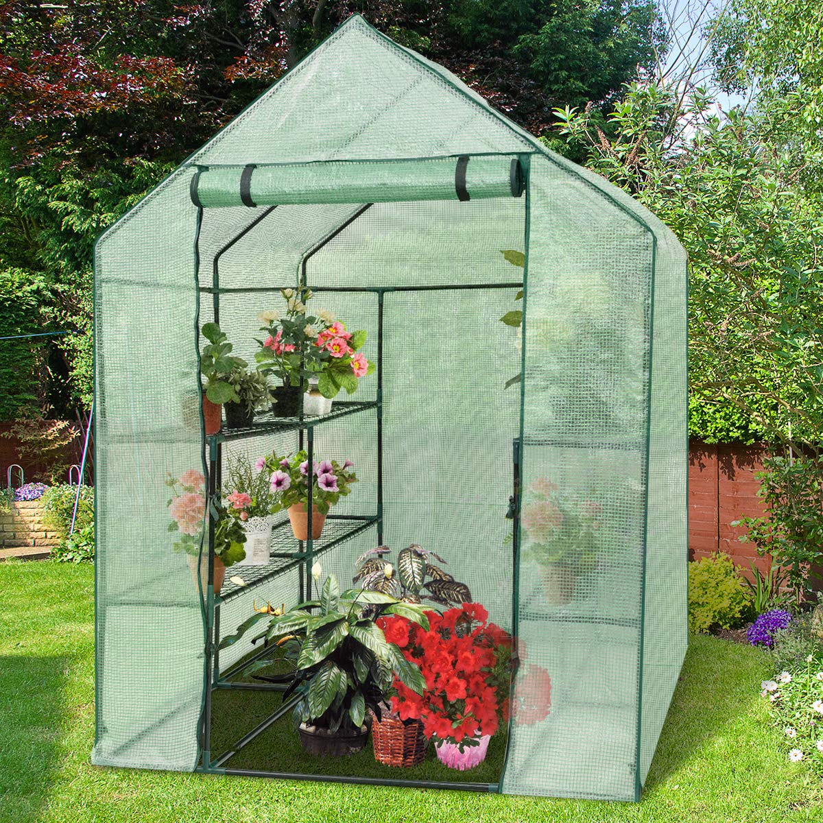 3 Tiers Outdoor Walk in Greenhouse, 12 Shelves Movable Green House Tunnel