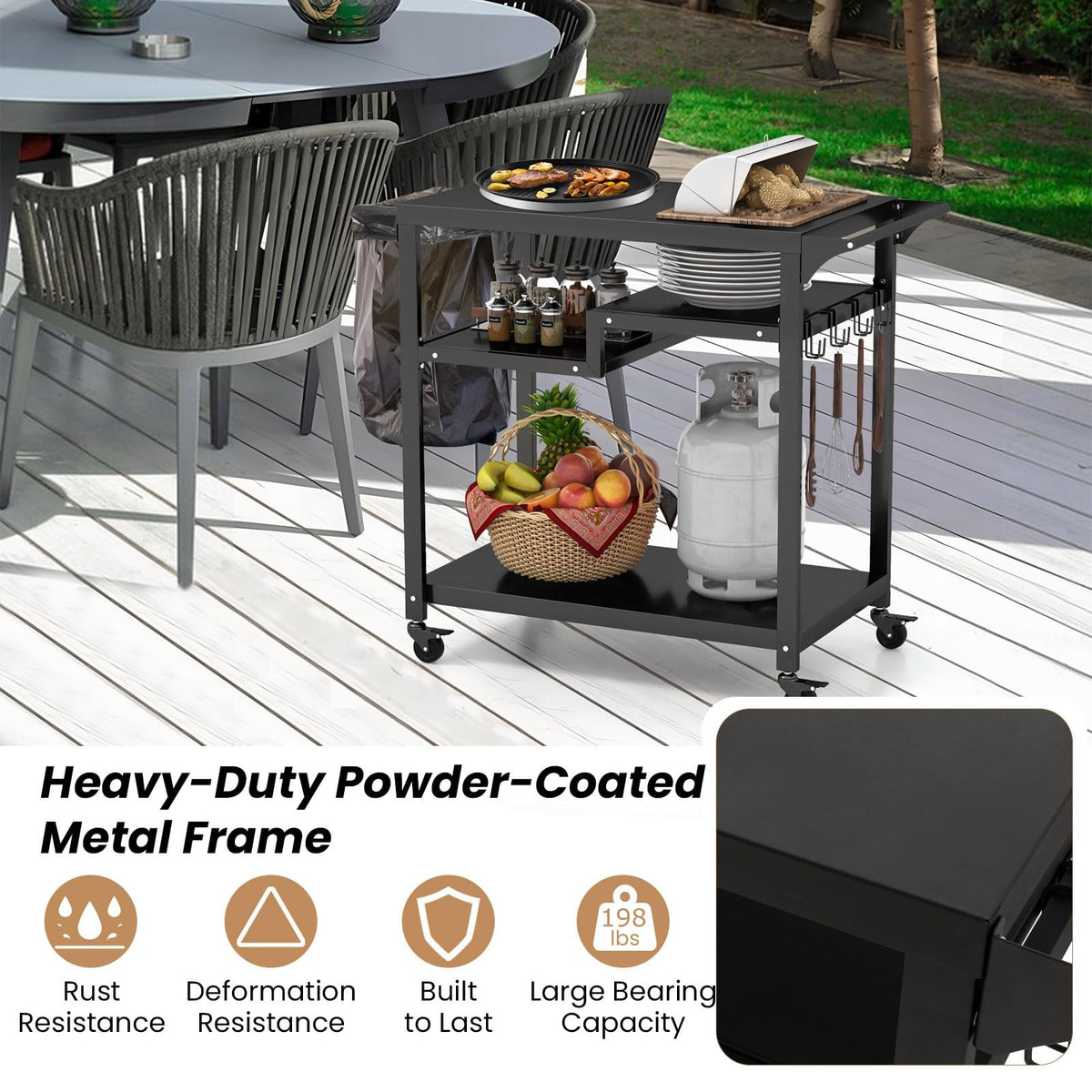 Giantex Three-Shelf Outdoor Cooking Prep Table with Garbage Bag Holder