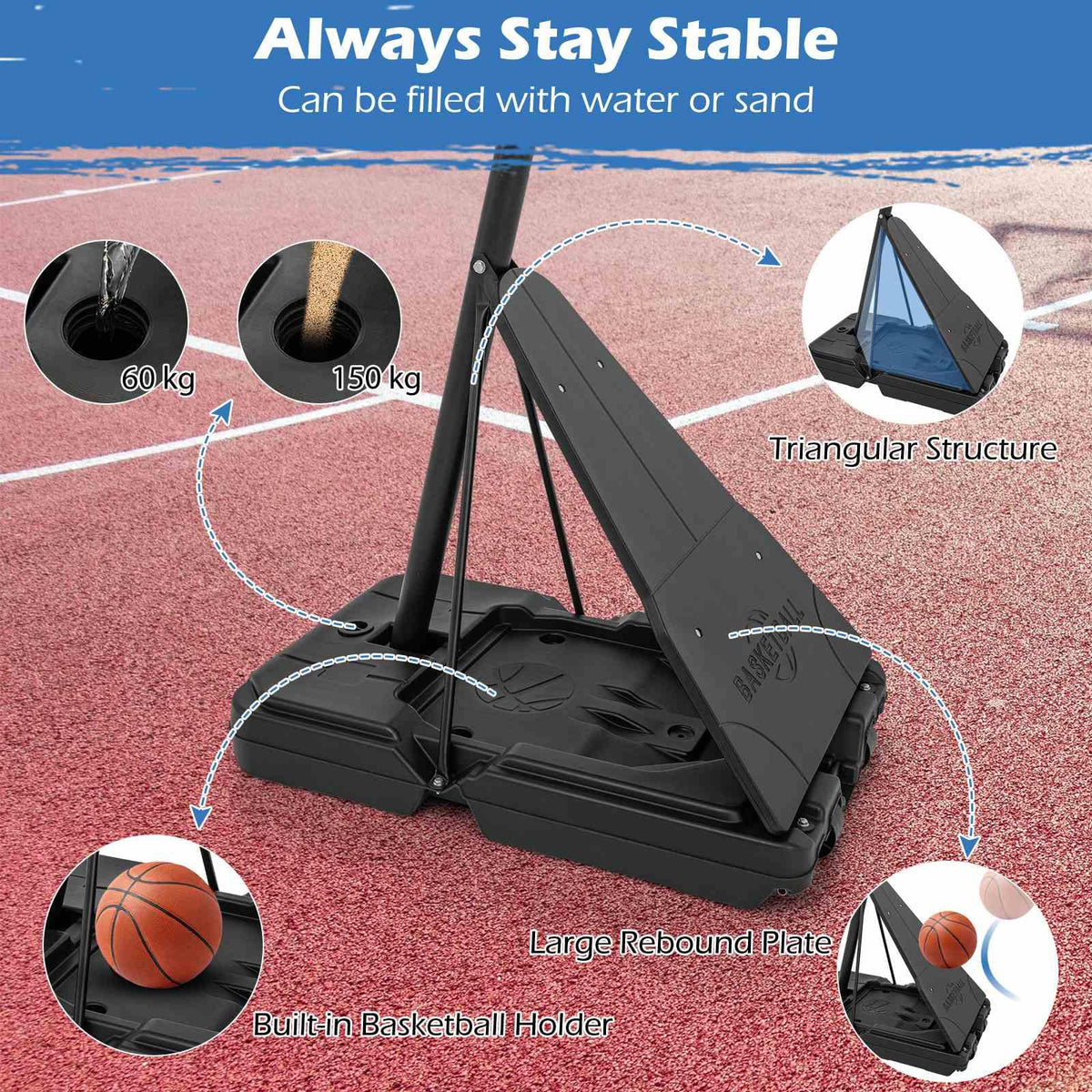 Portable Basketball Hoop, 1.5-3.05m Height Adjustable Basketball Goal System w/ 112 cm Shatterproof Backboard