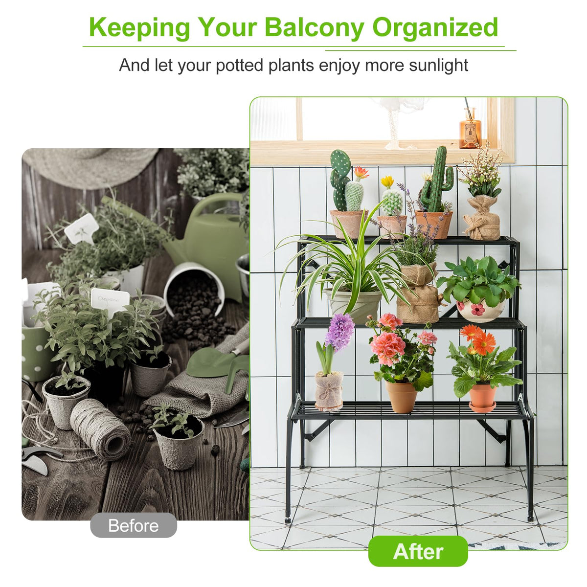 3-Tier Ladder Style Plant Rack with Widened Grid Shelf